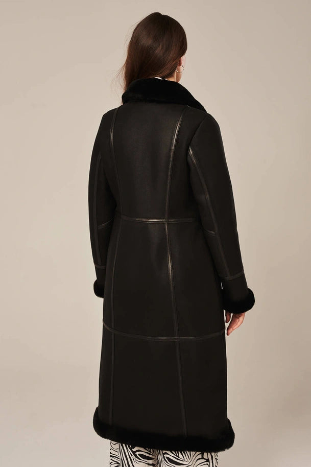 Luneth - Women's Black Long Shearling Leather Coat