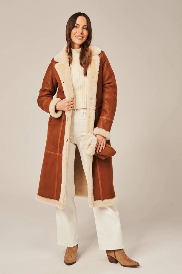 Luneth - Women's Light Brown Long Shearling Leather Coat