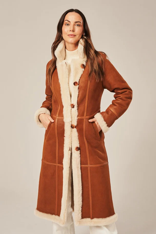 Luneth - Women's Light Brown Long Shearling Leather Coat