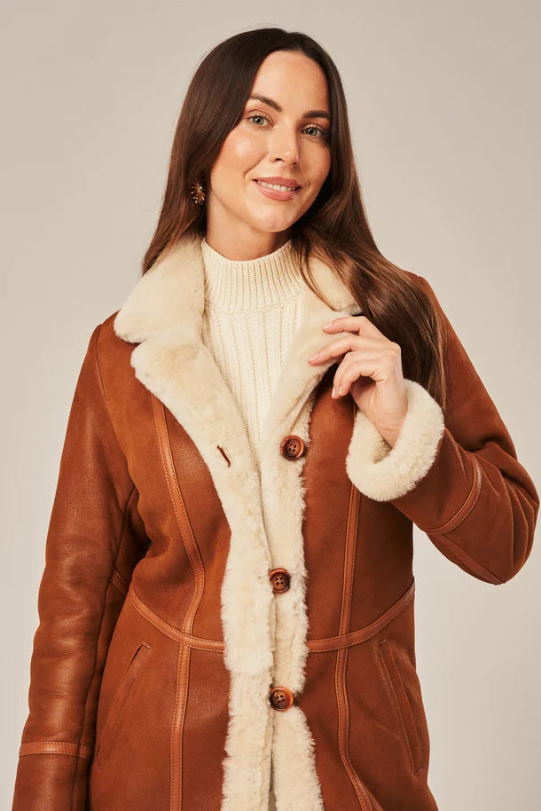 Luneth - Women's Light Brown Long Shearling Leather Coat