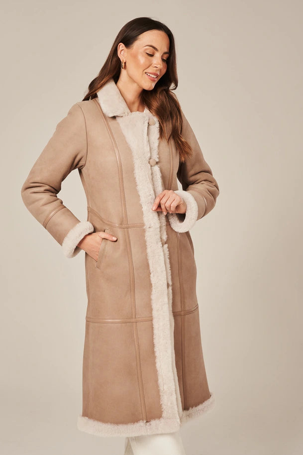 Luneth - Women's Long Beige Shearling Leather Coat