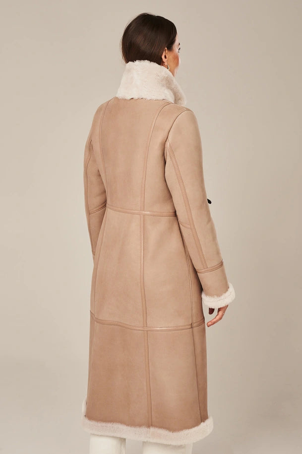 Luneth - Women's Long Beige Shearling Leather Coat