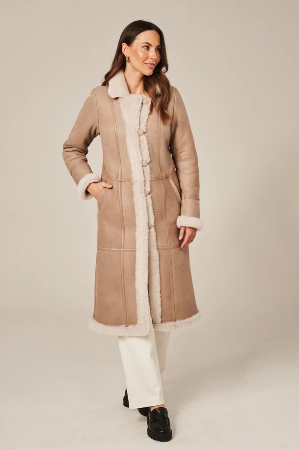 Luneth - Women's Long Beige Shearling Leather Coat