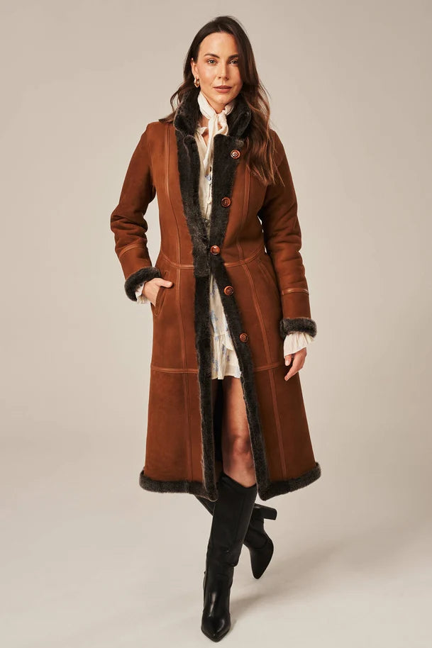 Luneth - Women's Long Brown Shearling Leather Coat