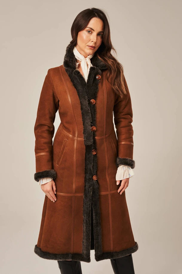 Luneth - Women's Long Brown Shearling Leather Coat