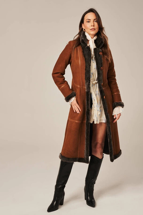 Luneth - Women's Long Brown Shearling Leather Coat