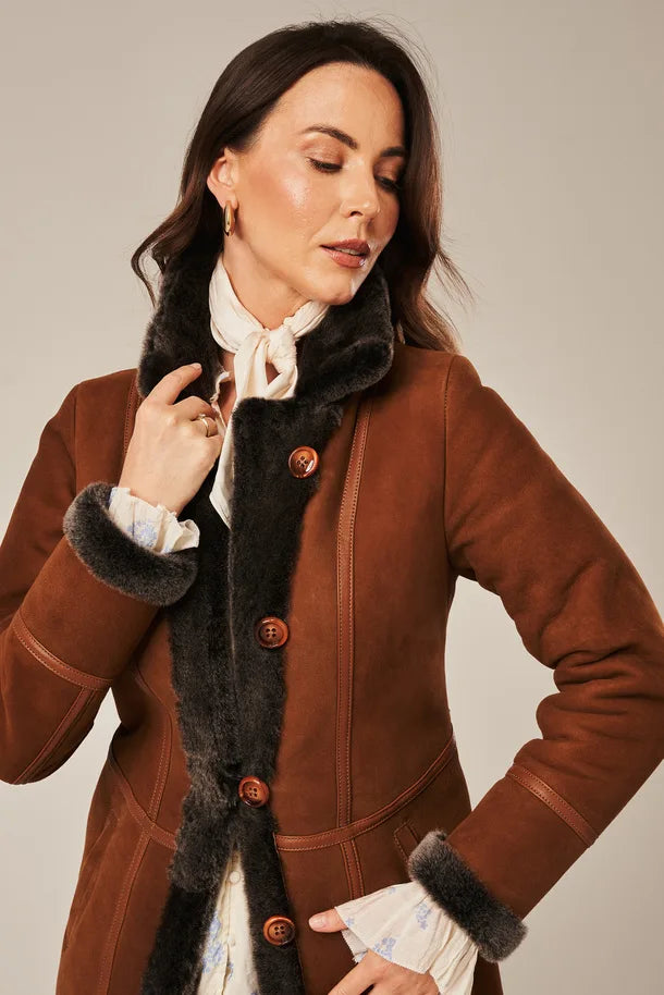 Luneth - Women's Long Brown Shearling Leather Coat 