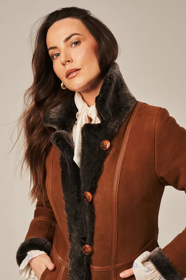 Luneth - Women's Long Brown Shearling Leather Coat