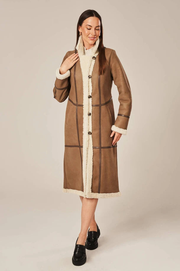 Luneth - Women's Long Dark Beige Shearling Leather Coat