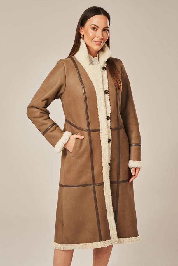 Luneth - Women's Long Dark Beige Shearling Leather Coat