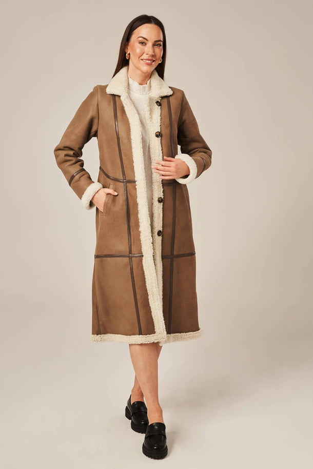 Luneth - Women's Long Dark Beige Shearling Leather Coat