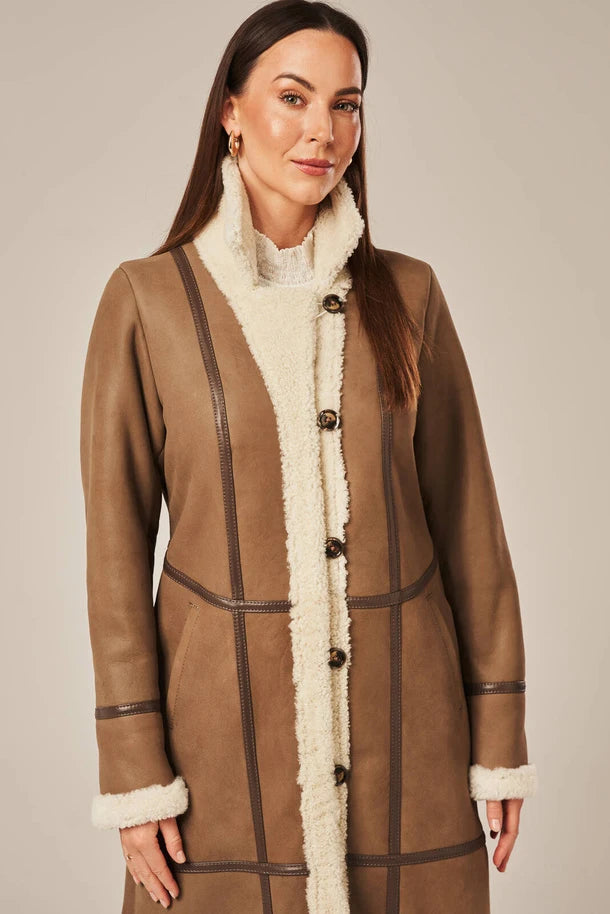 Luneth - Women's Long Dark Beige Shearling Leather Coat