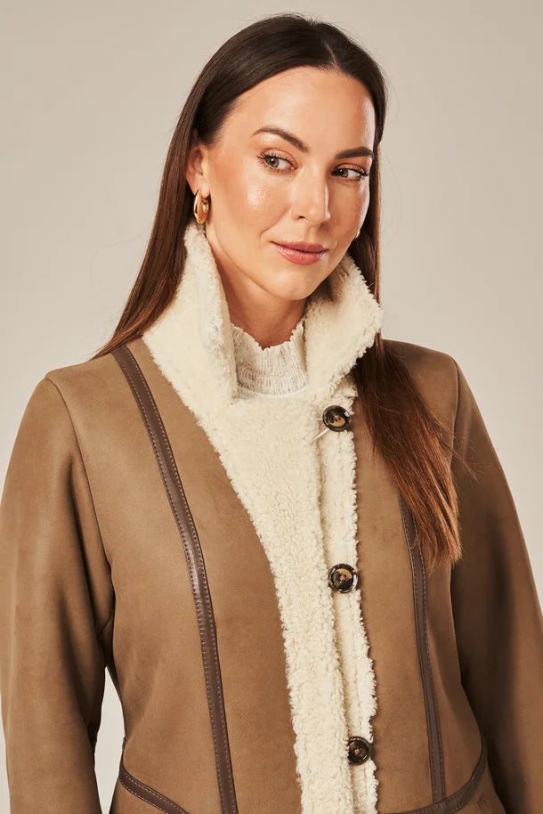 Luneth - Women's Long Dark Beige Shearling Leather Coat
