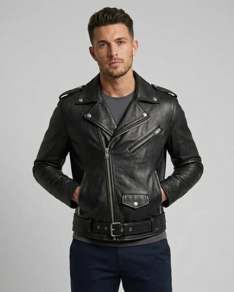 Men's Black Sheepskin Leather Biker Jacket