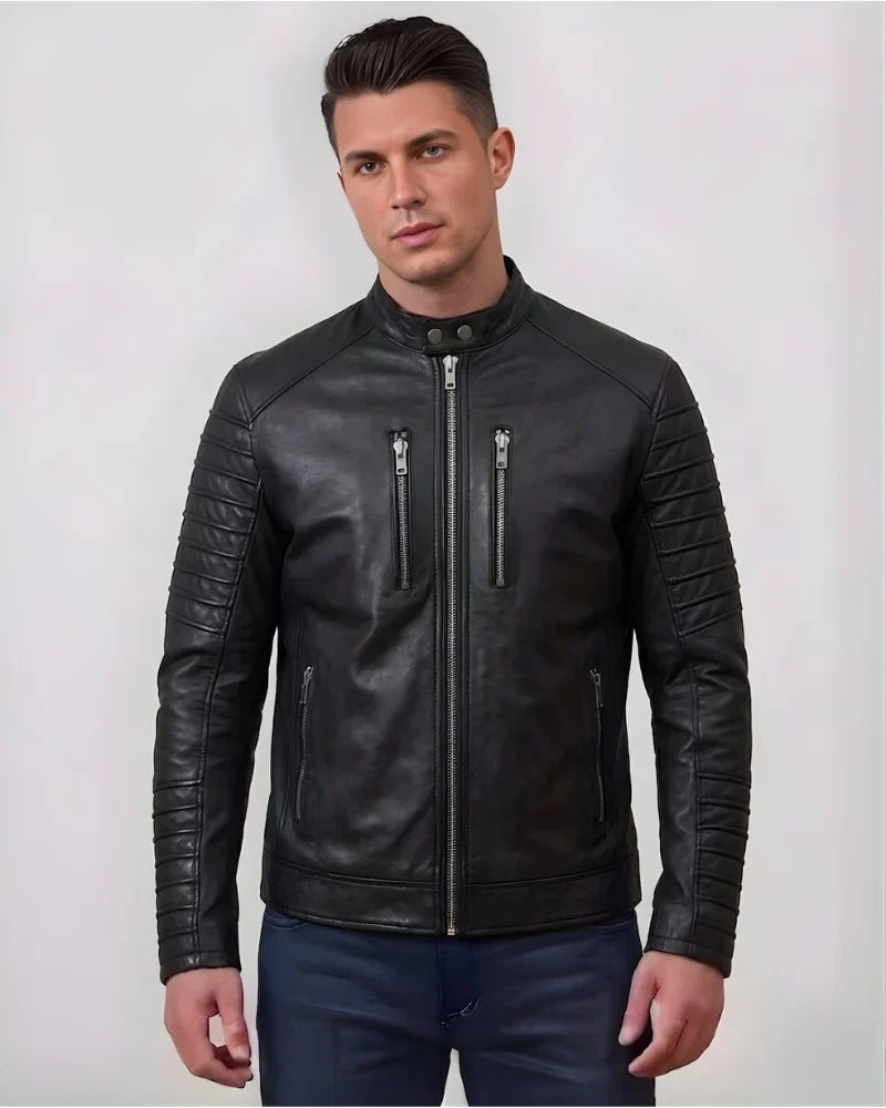 Men Black Motorcycle Leather Jacket With Padded Sleeves