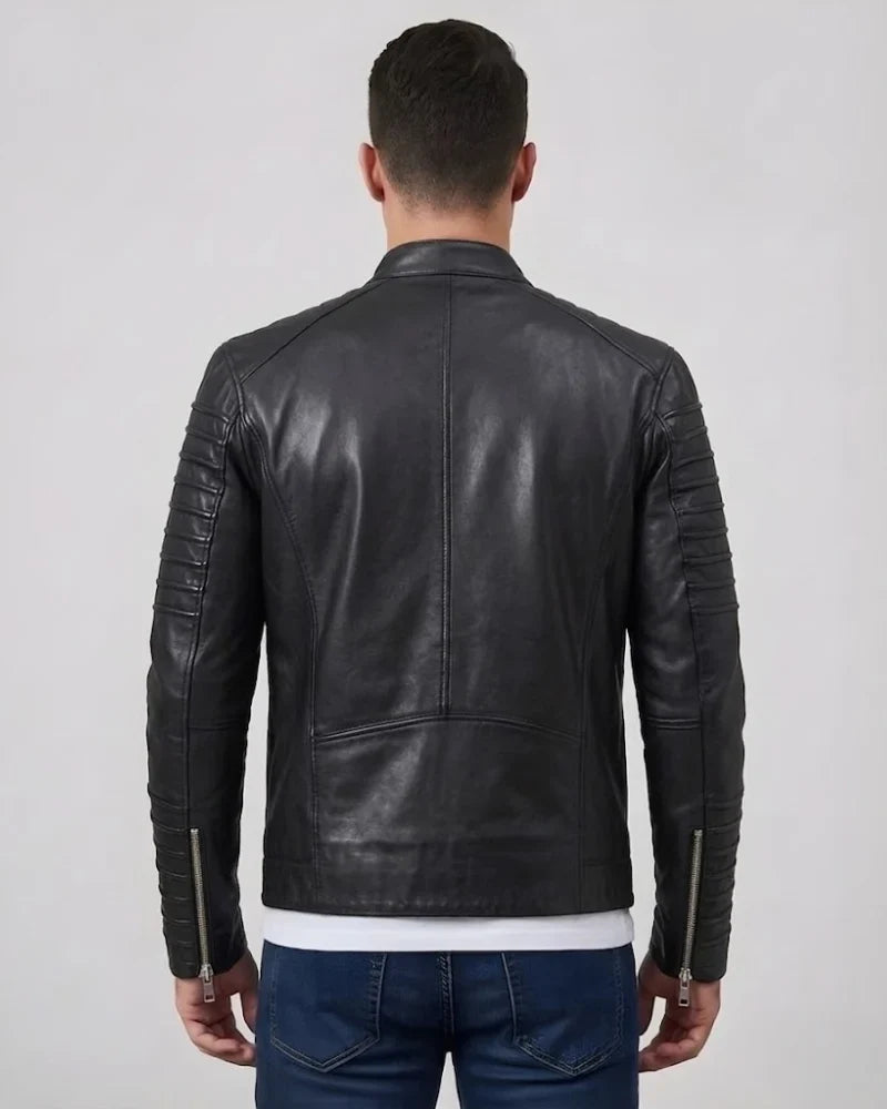 Men Black Motorcycle Leather Jacket With Padded Sleeves