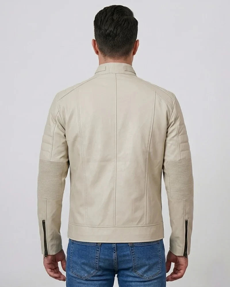Men's Sheepskin Cafe Racer Beige Leather Jacket