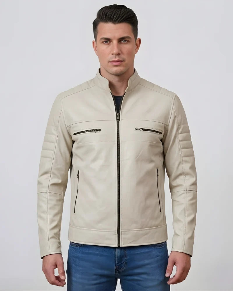 Men's Sheepskin Cafe Racer Beige Leather Jacket
