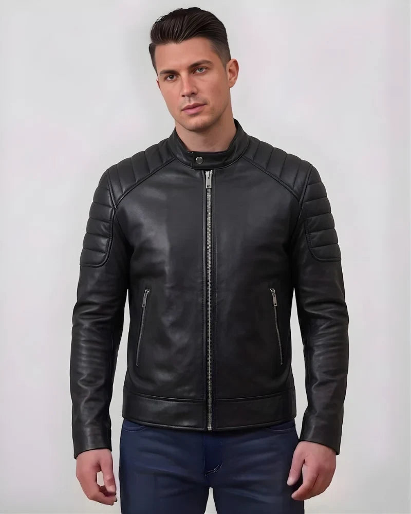 Men's Distressed Black Leather Motorcycle Jacket with Shoulder Padded