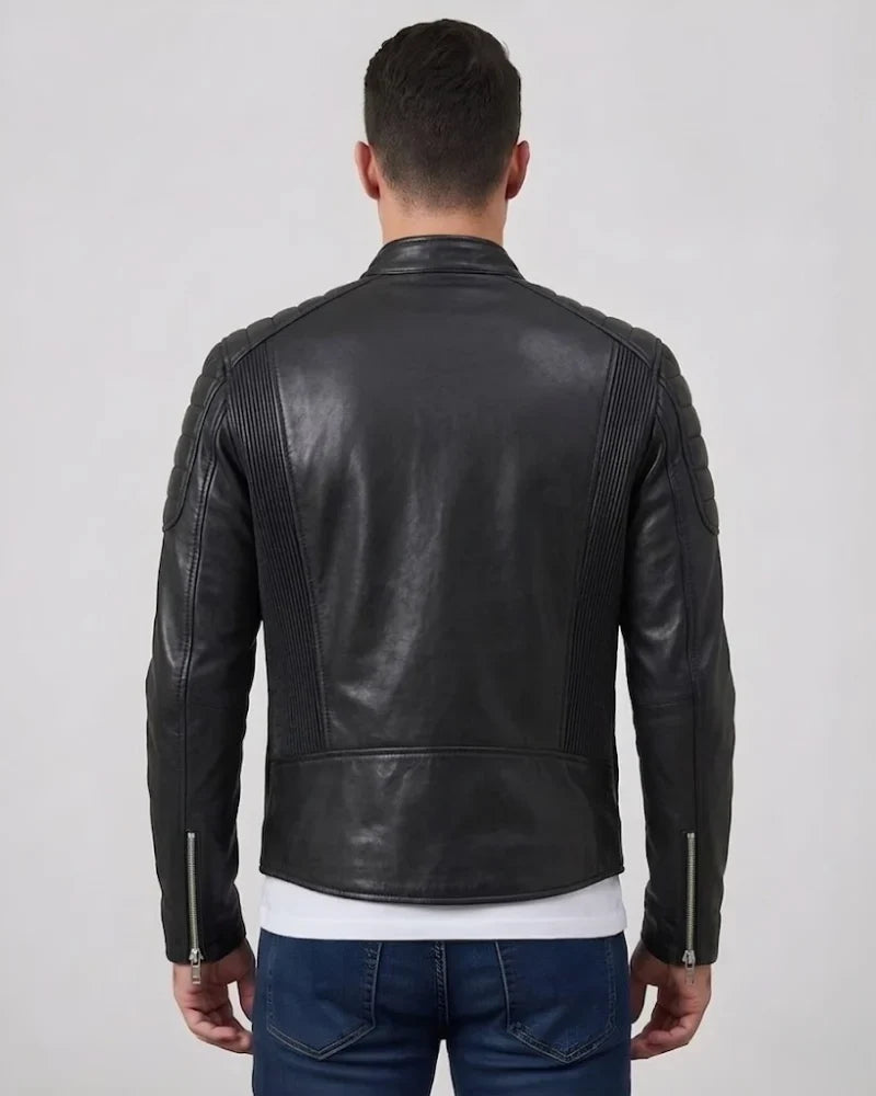 Men's Distressed Black Leather Motorcycle Jacket with Shoulder Padded