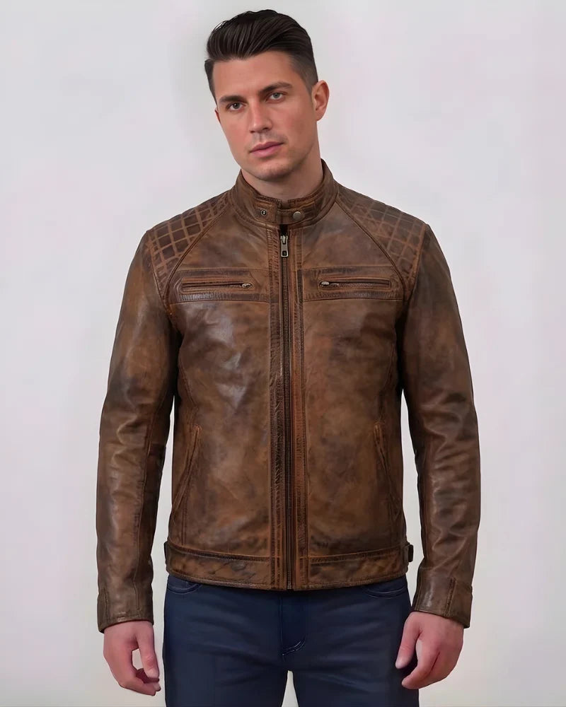 Men's Distressed Brown Cafe Racer Leather Jacket