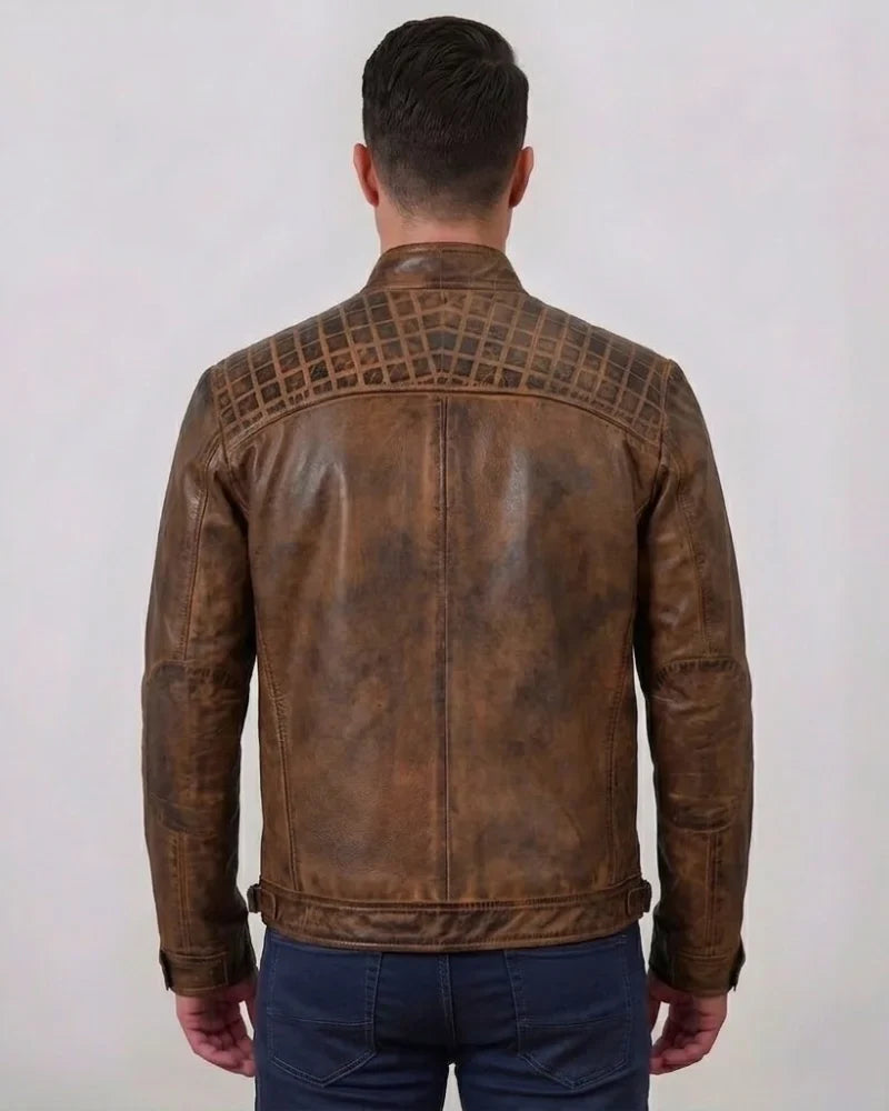 Men's Distressed Brown Cafe Racer Leather Jacket