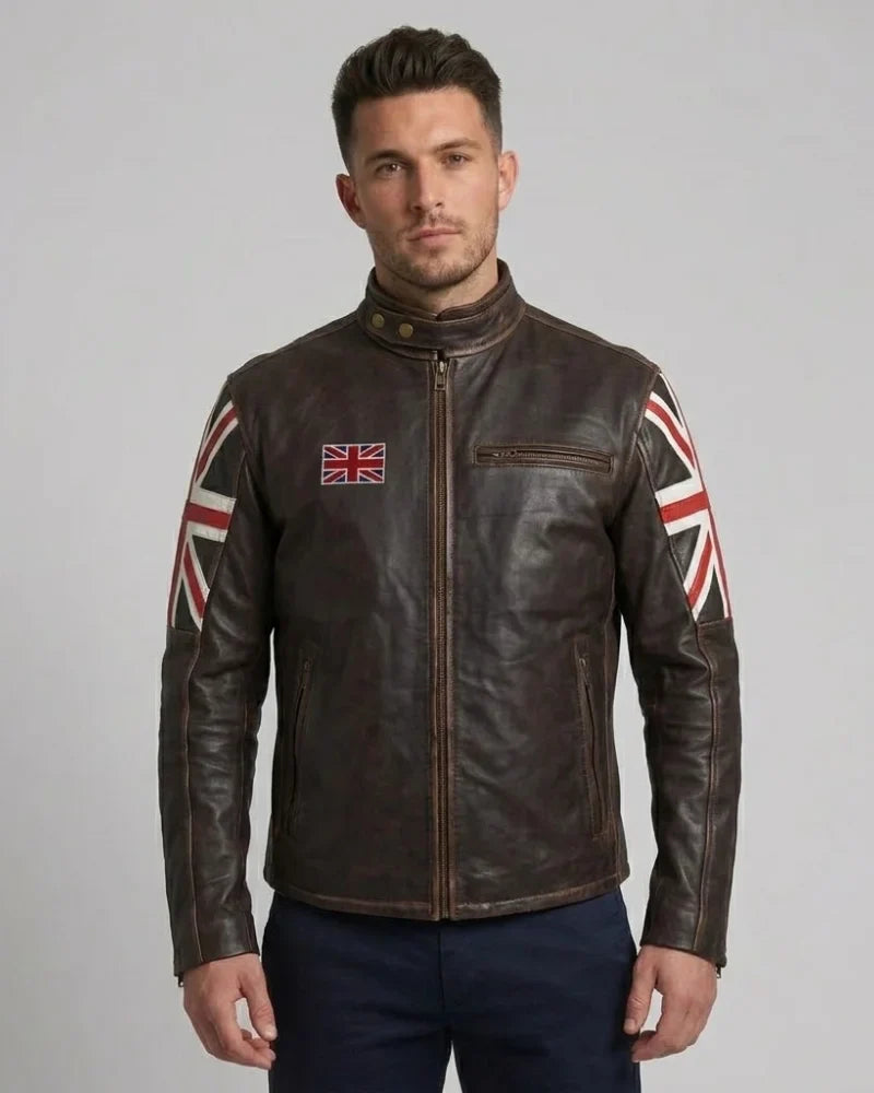Men's Distressed Brown Moto Leather Jacket With British Flag