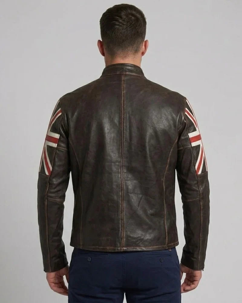 Men's Distressed Brown Moto Leather Jacket With British Flag