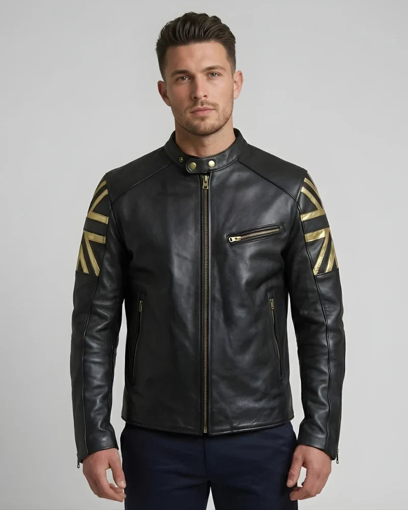 Men's Vintage Black Cafe Racer Leather Jacket With British Flag