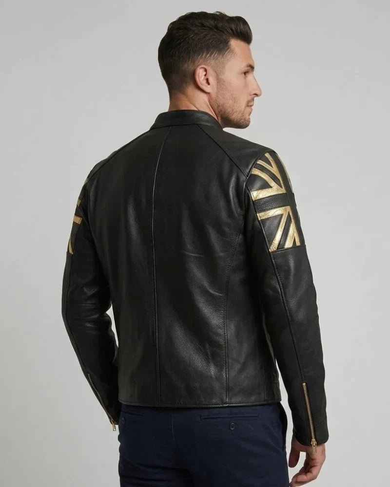 Men's Vintage Black Cafe Racer Leather Jacket With British Flag