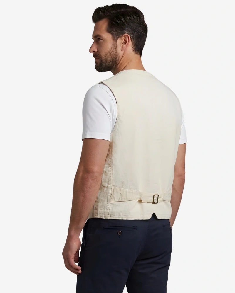 Men's beige cotton utility vest with tailored fit front and back view