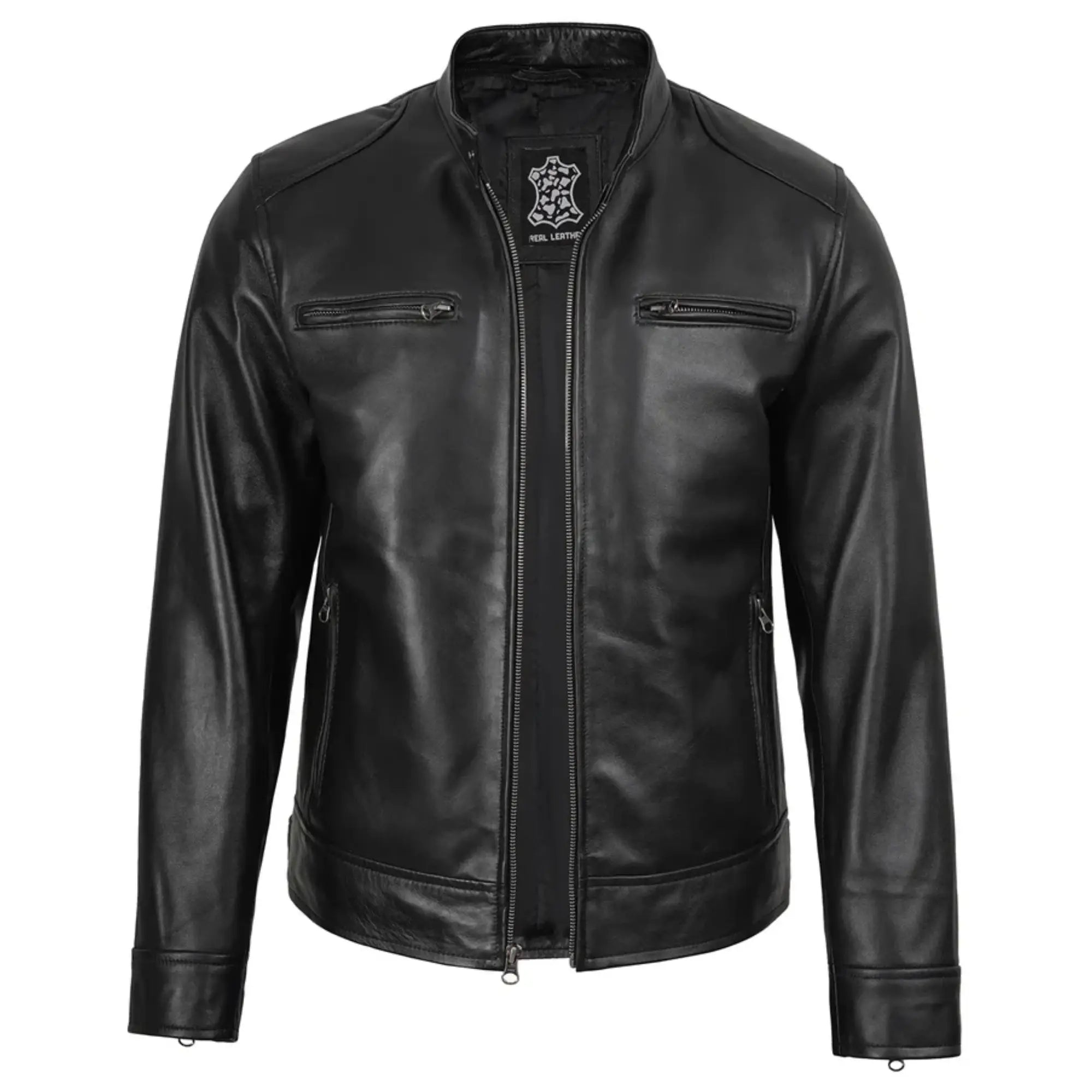 Men's Black Moto Leather Jacket with Removable Hood
