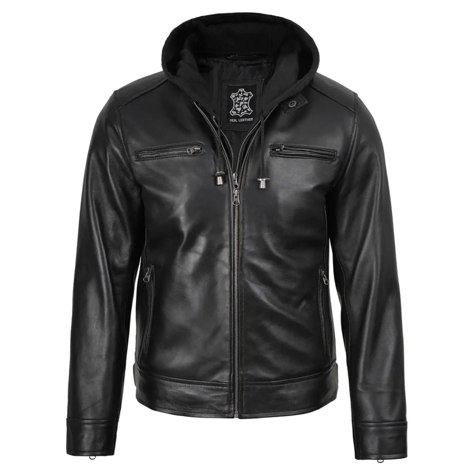 Men's Black Moto Leather Jacket with Removable Hood