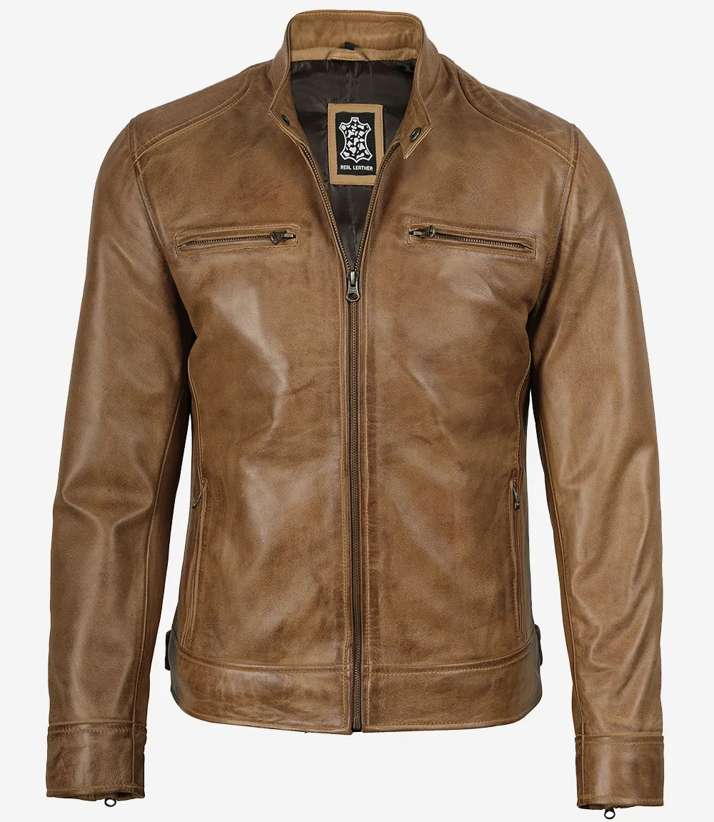 Brown leather jacket on a white background
