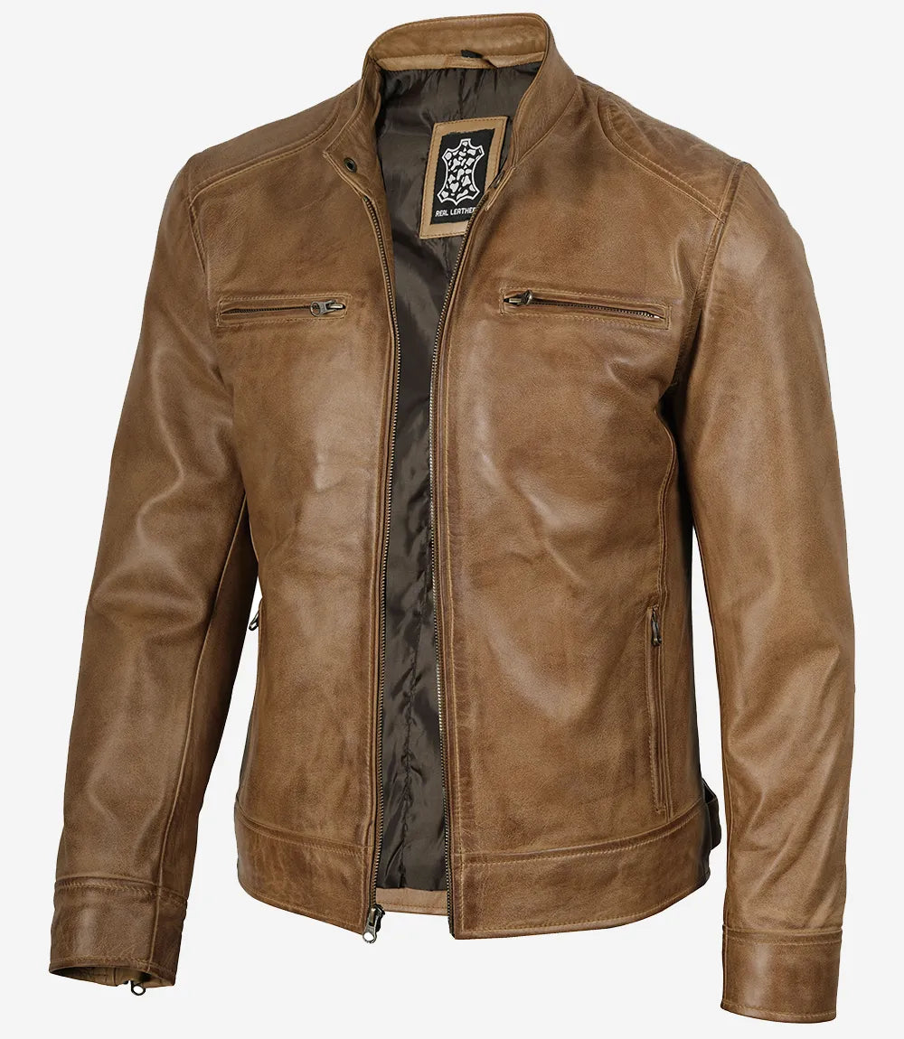 Brown leather jacket on a white background