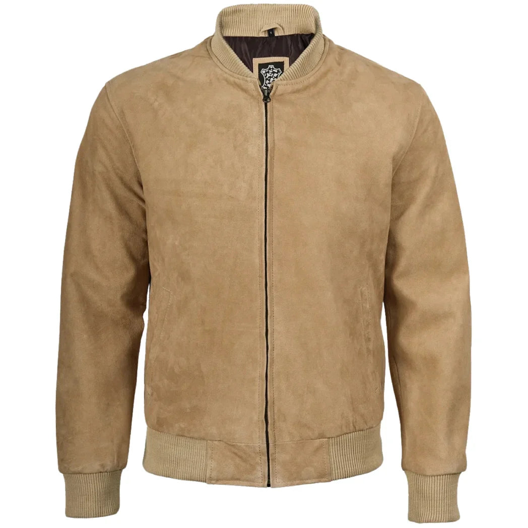 Men's Real Suede Camel Brown Leather Bomber Jacket