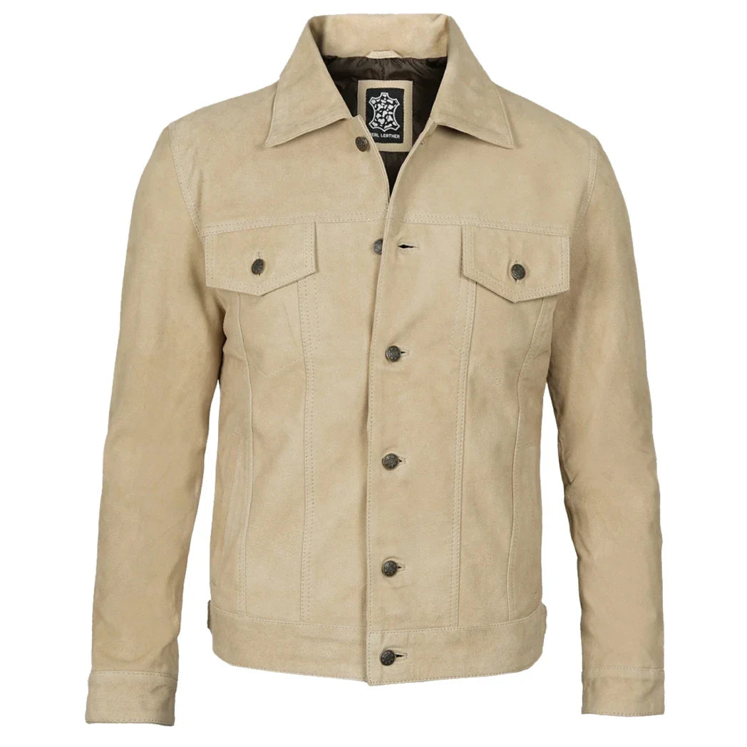 Men's Classic Real Suede Trucker Style Camel Leather Jacket