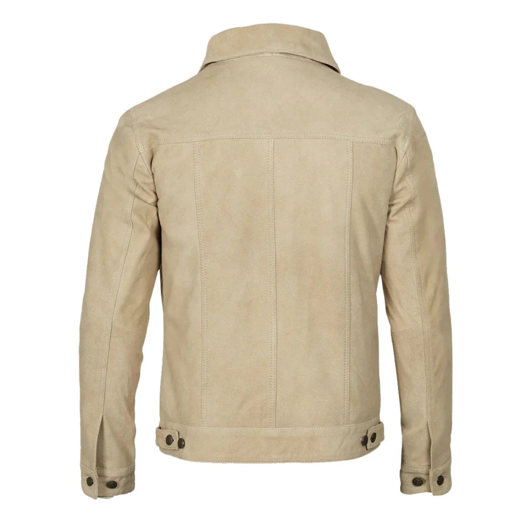 Men's Classic Real Suede Trucker Style Camel Leather Jacket