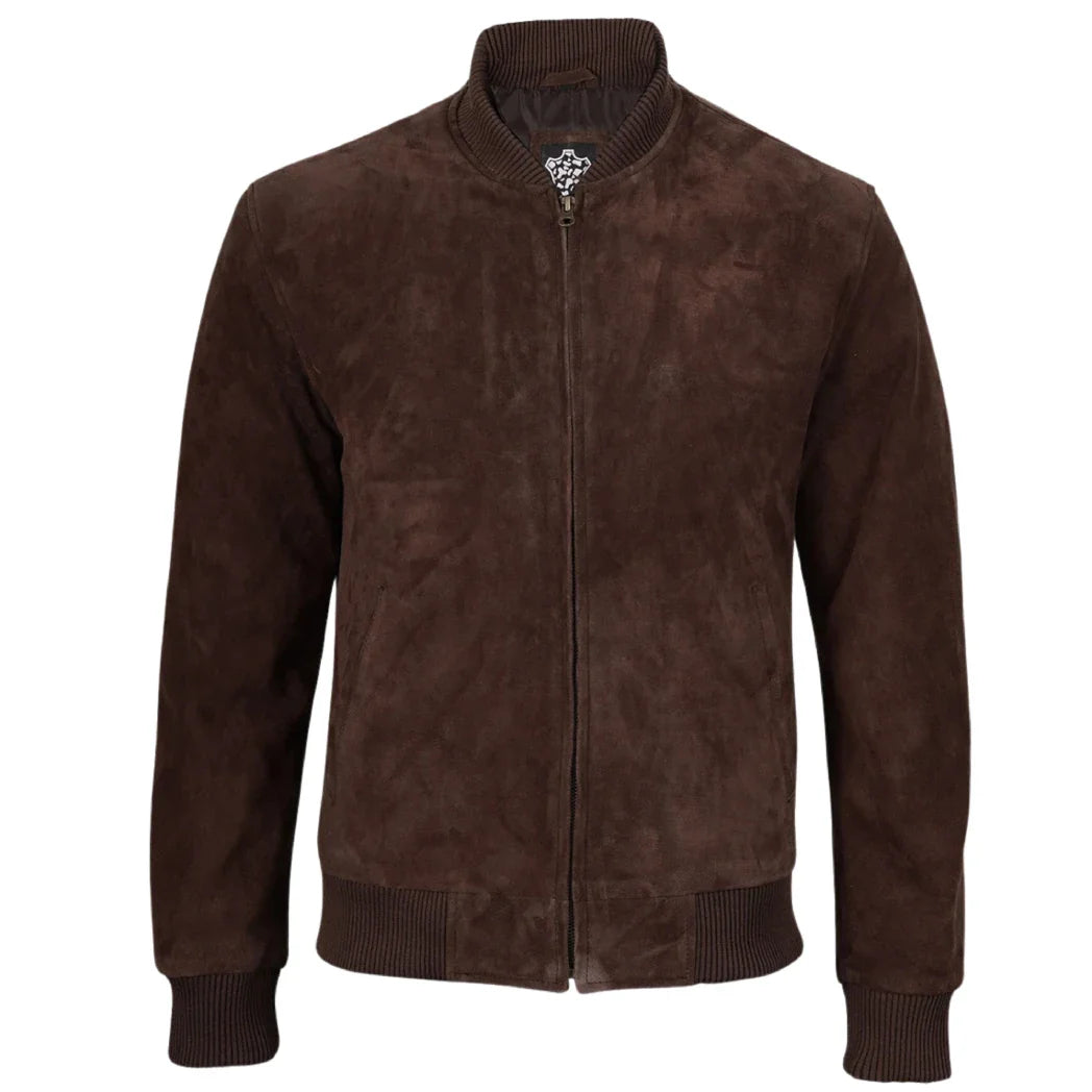 Men's Suede Leather Dark Brown Bomber Jacket