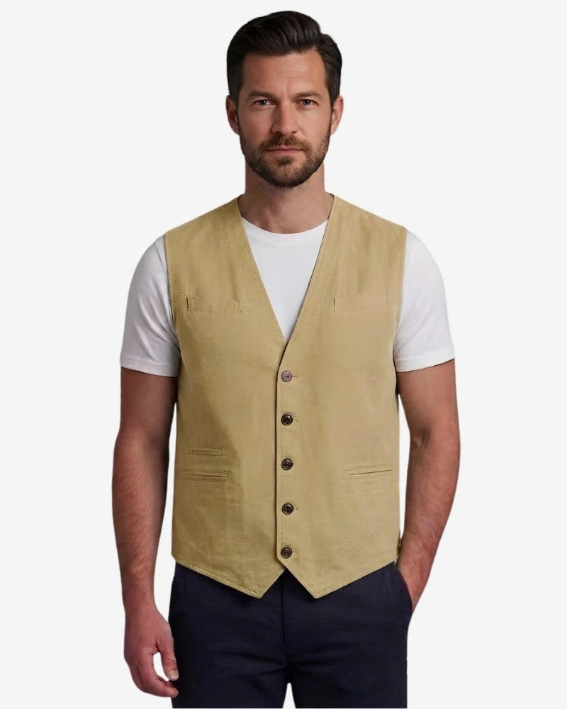 Men's khaki cotton waistcoat front and back view