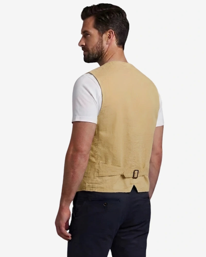 Men's khaki cotton waistcoat front and back view