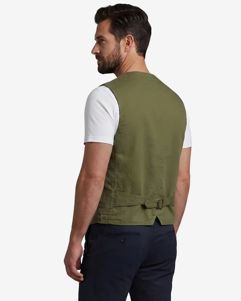 Men's olive green cotton utility vest with multiple pockets front and back view