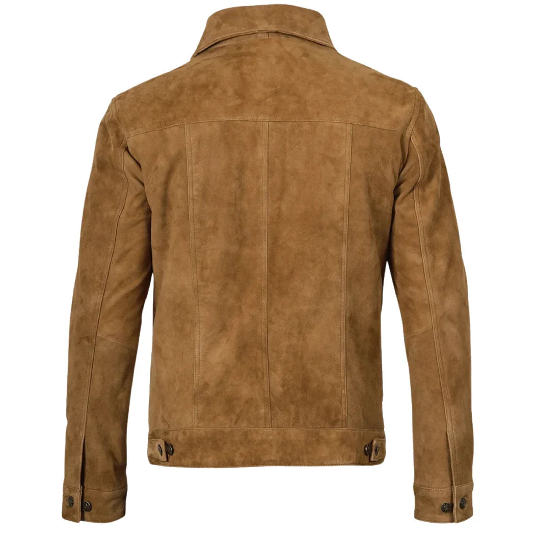 Men's Tan Button Down Real Suede  Leather Jacket