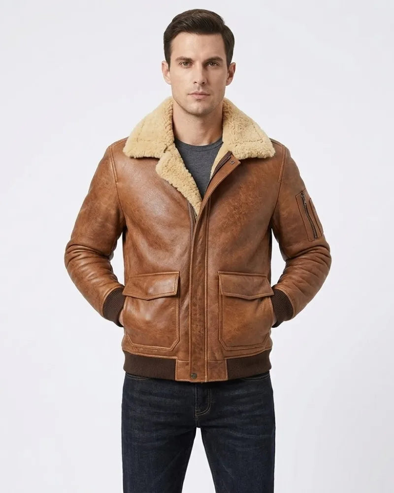 Men’s B2 Aviator Camel Brown Fur Shearling Leather Jacket