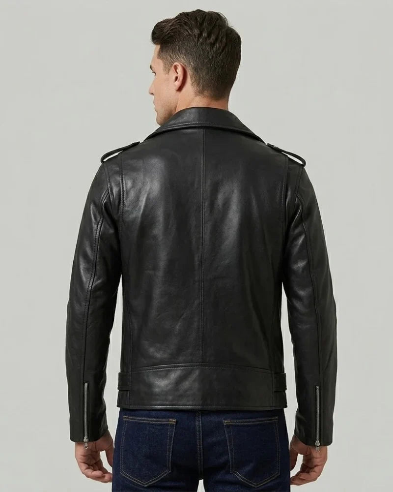 Men's Black Asymmetrical Belted Biker Leather Jacket