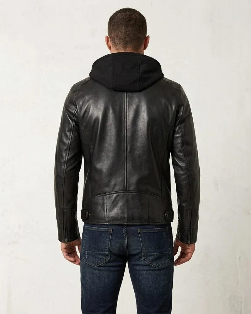 Men's Black Moto Leather Jacket with Removable Hood