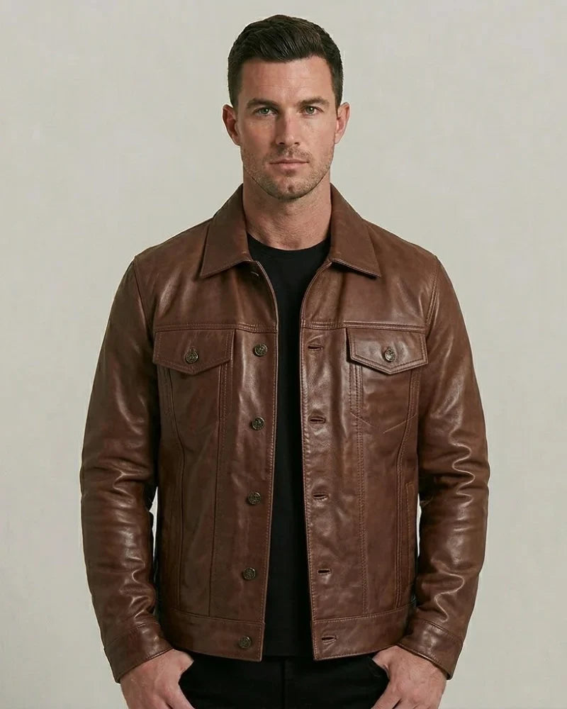 Men's Sheepskin Brown Leather Trucker Jacket