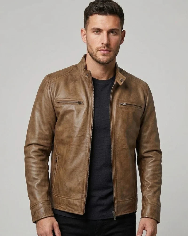 Men's Camel Brown Cafe Racer Leather Jacket