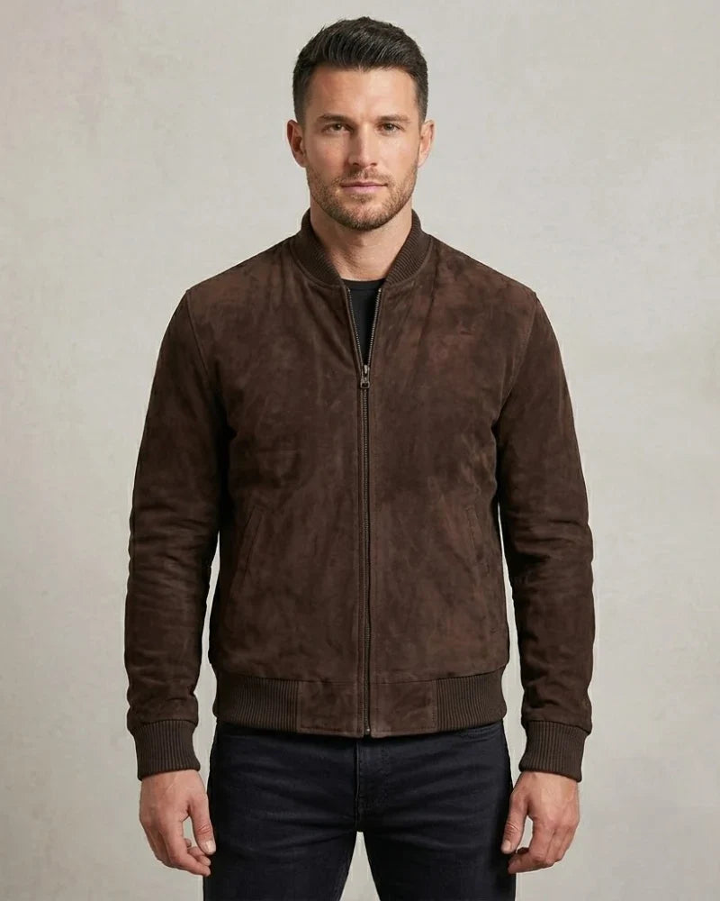 Men's Suede Leather Dark Brown Bomber Jacket