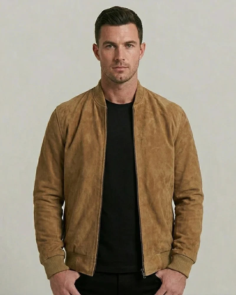 Men's Light Brown Suede Leather Bomber Jacket